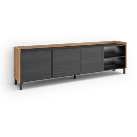 Skraut Home - Meuble TV, Banc Télé, Grand espace de Rangement, 207x35x61cm, Pour les TV jusqu'à 80", Design industriel, LED, Style moderne, Noir et chêne (1/5)