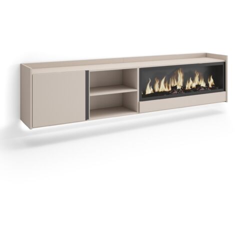 Skraut Home - Meuble TV, Banc Télé, Grand espace de Rangement, 212x35x50cm, Pour les TV jusqu'à 80", Cheminée électrique XXL, Suspendu, Mural, LED, Style moderne, Beige (1/5)