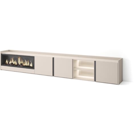 Skraut Home - Meuble TV, Banc Télé, Grand espace de Rangement, 315x35x50cm, Pour les TV jusqu'à 80", Cheminée électrique XXL, LED, Style moderne, Beige (1/5)