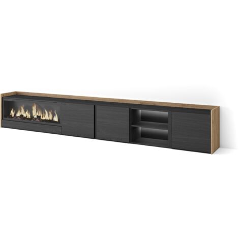 Skraut Home - Meuble TV, Banc Télé, Grand espace de Rangement, 315x35x50cm, Pour les TV jusqu'à 80", Cheminée électrique XXL, LED, Style moderne, Noir et chêne (1/5)