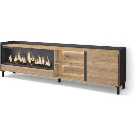 Skraut Home - Meuble TV, Banc Télé, Grand espace de Rangement, 212x35x61cm, Pour les TV jusqu'à 80", Cheminée électrique XXL, Design industriel, LED, Style moderne, Chêne et noir (1/5)
