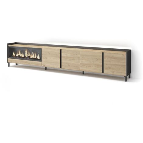 Skraut Home - Meuble TV, Banc Télé, Grand espace de Rangement, 315x35x61cm, Pour les TV jusqu'à 80", Cheminée électrique XXL, Design industriel, LED, Style moderne, Chêne et noir (1/5)