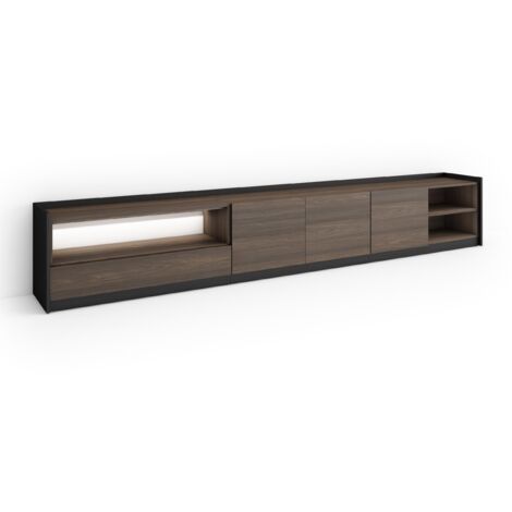 Skraut Home - Meuble TV, Banc Télé, Grand espace de Rangement, 310x37x50cm, Pour les TV jusqu'à 80", LED, Style moderne, Chêne foncé et Noir (1/5)