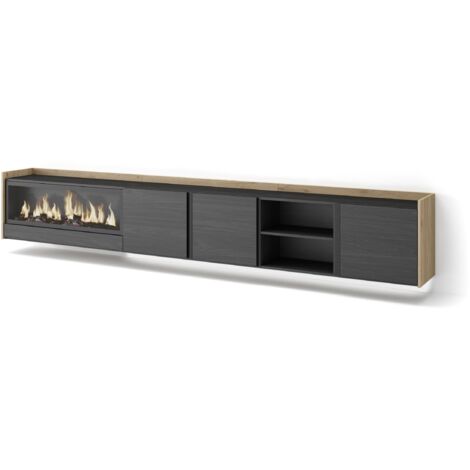 Skraut Home - Meuble TV, Banc Télé, Grand espace de Rangement, 315x35x50cm, Pour les TV jusqu'à 80", Cheminée électrique XXL, Suspendu, Mural, LED, Style moderne, Noir et chêne (1/5)