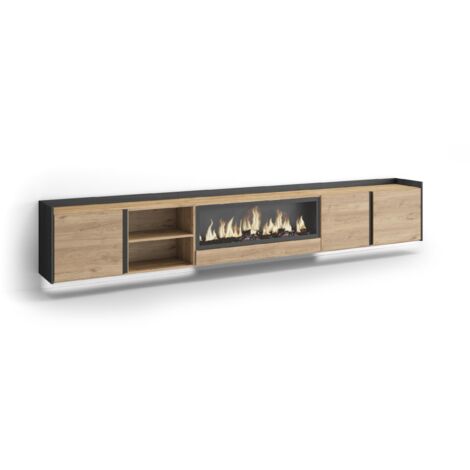Skraut Home - Meuble TV, Banc Télé, Grand espace de Rangement, 315x35x50cm, Pour les TV jusqu'à 80", Cheminée électrique XXL, Suspendu, Mural, LED, Style moderne, Chêne et noir (1/5)