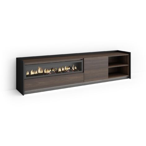 Skraut Home - Meuble TV, Banc Télé, Grand espace de Rangement, 207x37x50cm, Pour les TV jusqu'à 80", Cheminée électrique, LED, Style moderne, Chêne foncé et Noir (1/5)