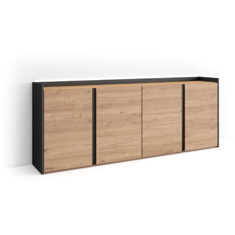 Skraut Home - Buffet salon et cuisine, Meuble de Rangement, Commode, 207x35x80cm, 4 Portes, LED, Style moderne, Chêne et noir (1/5)