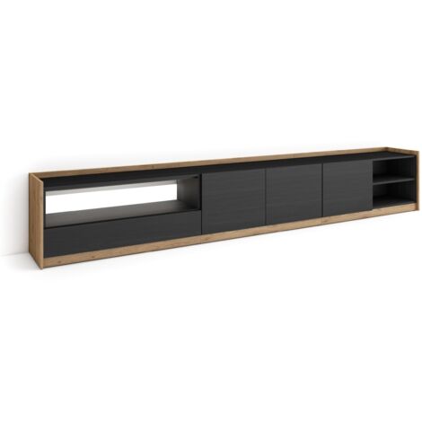 Skraut Home - Meuble TV, Banc Télé, Grand espace de Rangement, 310x37x50cm, Pour les TV jusqu'à 80", LED, Style moderne, Noir et chêne (1/5)