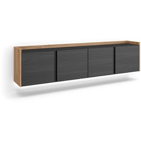 Skraut Home - Meuble TV, Banc Télé, Grand espace de Rangement, 207x35x50cm, Pour les TV jusqu'à 80", Suspendu, Mural, LED, Style moderne, Noir et chêne (1/5)