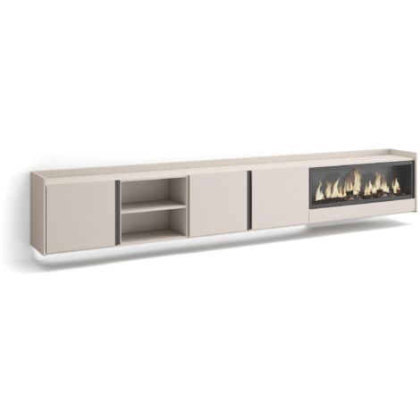 Skraut Home - Meuble TV, Banc Télé, Grand espace de Rangement, 315x35x50cm, Pour les TV jusqu'à 80", Cheminée électrique XXL, Suspendu, Mural, LED, Style moderne, Beige (1/5)