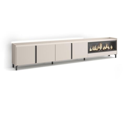Skraut Home - Meuble TV, Banc Télé, Grand espace de Rangement, 315x35x61cm, Pour les TV jusqu'à 80", Cheminée électrique XXL, Design industriel, LED, Style moderne, Beige (1/5)
