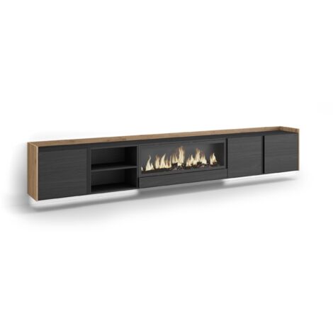 Skraut Home - Meuble TV, Banc Télé, Grand espace de Rangement, 315x35x50cm, Pour les TV jusqu'à 80", Cheminée électrique XXL, Suspendu, Mural, LED, Style moderne, Noir et chêne (1/5)