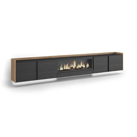 Skraut Home - Meuble TV, Banc Télé, Grand espace de Rangement, 315x35x50cm, Pour les TV jusqu'à 80", Cheminée électrique XXL, Suspendu, Mural, LED, Style moderne, Noir et chêne (1/5)