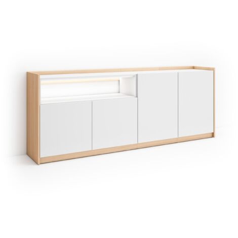 Skraut Home - Buffet salon et cuisine, Meuble de Rangement, Commode, 207x37x80cm, 4 Portes, LED, Style moderne, Blanc et Chêne Soft (1/5)
