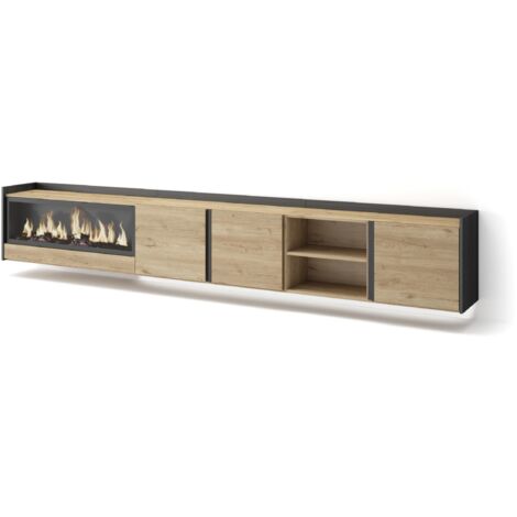 Skraut Home - Meuble TV, Banc Télé, Grand espace de Rangement, 315x35x50cm, Pour les TV jusqu'à 80", Cheminée électrique XXL, Suspendu, Mural, LED, Style moderne, Chêne et noir (1/5)