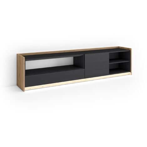 Skraut Home - Meuble TV, Banc Télé, Grand espace de Rangement, 207x37x50cm, Pour les TV jusqu'à 80", LED, Style moderne, Noir et chêne (1/5)