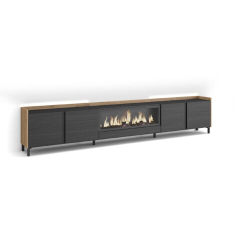 Skraut Home - Meuble TV, Banc Télé, Grand espace de Rangement, 315x35x61cm, Pour les TV jusqu'à 80", Cheminée électrique XXL, Design industriel, LED, Style moderne, Noir et chêne (1/5)