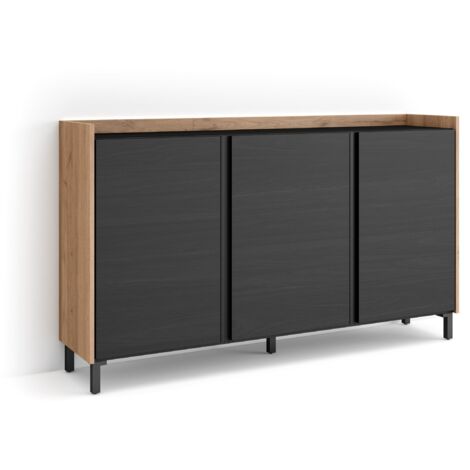 Skraut Home - Buffet salon et cuisine, Meuble de Rangement, Commode, 156x35x91cm, 3 Portes, Design industriel, LED, Style moderne, Noir et chêne (1/5)