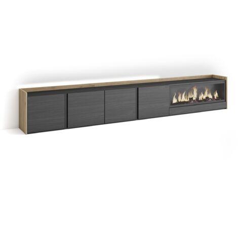 Skraut Home - Meuble TV, Banc Télé, Grand espace de Rangement, 315x35x50cm, Pour les TV jusqu'à 80", Cheminée électrique XXL, LED, Style moderne, Noir et chêne (1/5)