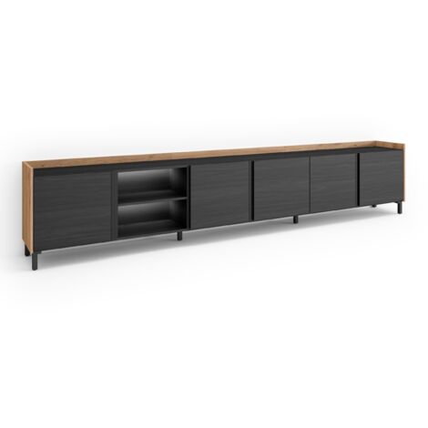 Skraut Home - Meuble TV, Banc Télé, Grand espace de Rangement, 309x35x61cm, Pour les TV jusqu'à 80", Design industriel, LED, Style moderne, Noir et chêne (1/5)