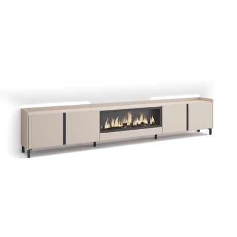 Skraut Home - Meuble TV, Banc Télé, Grand espace de Rangement, 315x35x61cm, Pour les TV jusqu'à 80", Cheminée électrique XXL, Design industriel, LED, Style moderne, Beige (1/5)