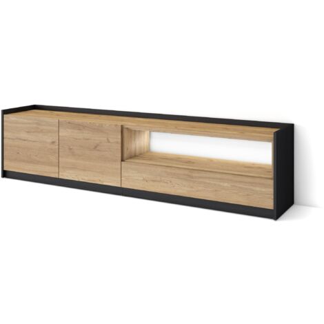 Skraut Home - Meuble TV, Banc Télé, Grand espace de Rangement, 207x37x50cm, Pour les TV jusqu'à 80", LED, Style moderne, Chêne et noir (1/5)