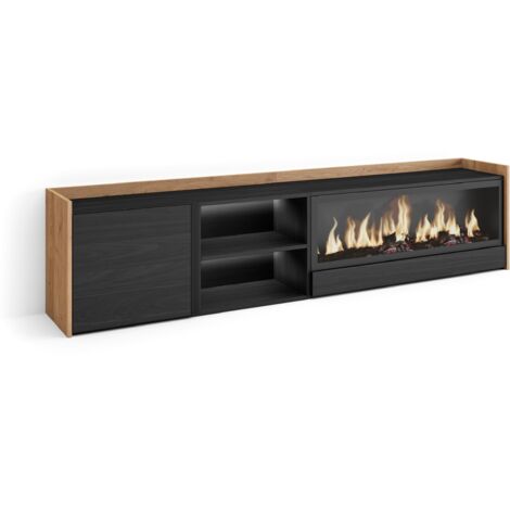 Skraut Home - Meuble TV, Banc Télé, Grand espace de Rangement, 212x35x50cm, Pour les TV jusqu'à 80", Cheminée électrique XXL, LED, Style moderne, Noir et chêne (1/5)