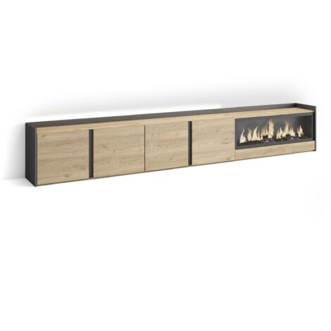 Skraut Home - Meuble TV, Banc Télé, Grand espace de Rangement, 315x35x50cm, Pour les TV jusqu'à 80", Cheminée électrique XXL, LED, Style moderne, Chêne et noir (1/5)