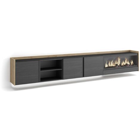 Skraut Home - Meuble TV, Banc Télé, Grand espace de Rangement, 315x35x50cm, Pour les TV jusqu'à 80", Cheminée électrique XXL, Suspendu, Mural, LED, Style moderne, Noir et chêne (1/5)