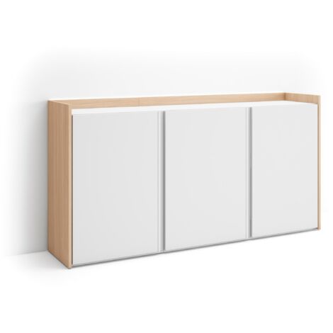 Skraut Home - Buffet salon et cuisine, Meuble de Rangement, Commode, 156x35x80cm, 3 Portes, LED, Style moderne, Blanc et Chêne Soft (1/5)