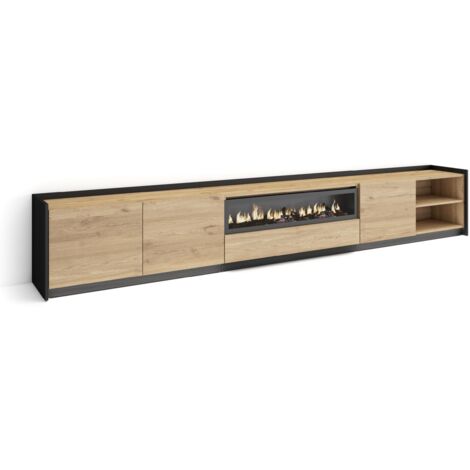 Skraut Home - Meuble TV, Banc Télé, Grand espace de Rangement, 310x37x50cm, Pour les TV jusqu'à 80", Cheminée électrique, LED, Style moderne, Chêne et noir (1/5)