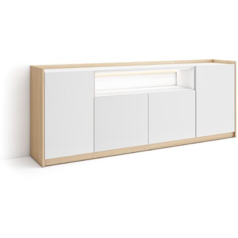 Skraut Home - Buffet salon et cuisine, Meuble de Rangement, Commode, 207x37x80cm, 4 Portes, LED, Style moderne, Blanc et Chêne Soft (1/5)