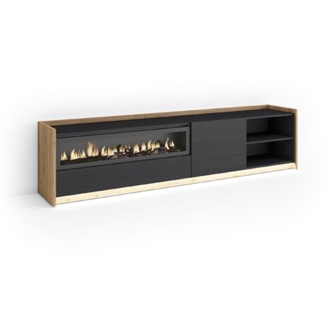 Skraut Home - Meuble TV, Banc Télé, Grand espace de Rangement, 207x37x50cm, Pour les TV jusqu'à 80", Cheminée électrique, LED, Style moderne, Noir et chêne (1/5)