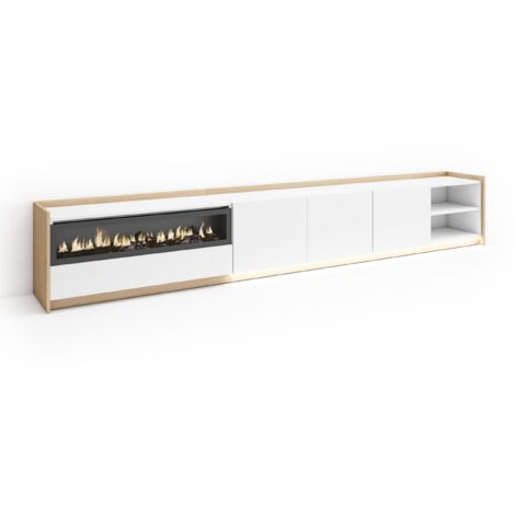Skraut Home - Meuble TV, Banc Télé, Grand espace de Rangement, 310x37x50cm, Pour les TV jusqu'à 80", Cheminée électrique, LED, Style moderne, Blanc et Chêne Soft (1/5)