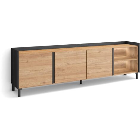 Skraut Home - Meuble TV, Banc Télé, Grand espace de Rangement, 207x35x61cm, Pour les TV jusqu'à 80", Design industriel, LED, Style moderne, Chêne et noir (1/5)