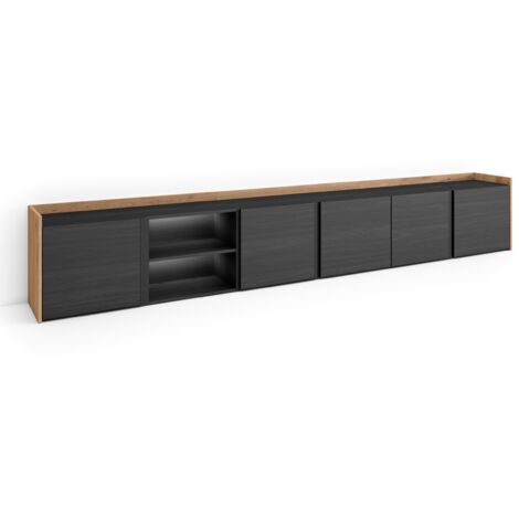 Skraut Home - Meuble TV, Banc Télé, Grand espace de Rangement, 309x35x50cm, Pour les TV jusqu'à 80", LED, Style moderne, Noir et chêne (1/5)