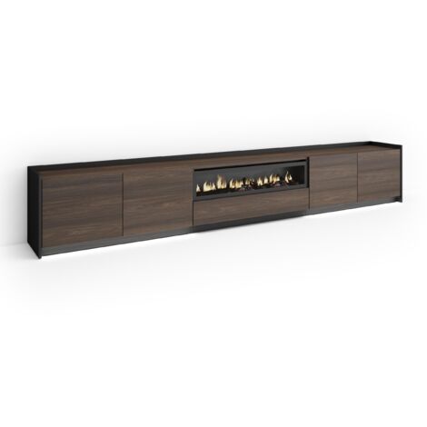 Skraut Home - Meuble TV, Banc Télé, Grand espace de Rangement, 310x37x50cm, Pour les TV jusqu'à 80", Cheminée électrique, LED, Style moderne, Chêne foncé et Noir (1/5)