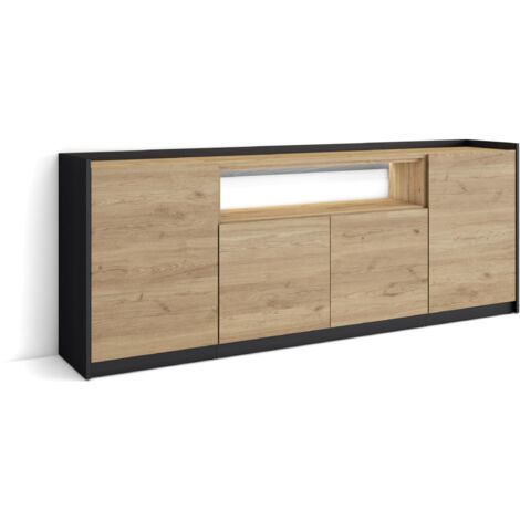 Skraut Home - Buffet salon et cuisine, Meuble de Rangement, Commode, 207x37x80cm, 4 Portes, LED, Style moderne, Chêne et noir (1/5)