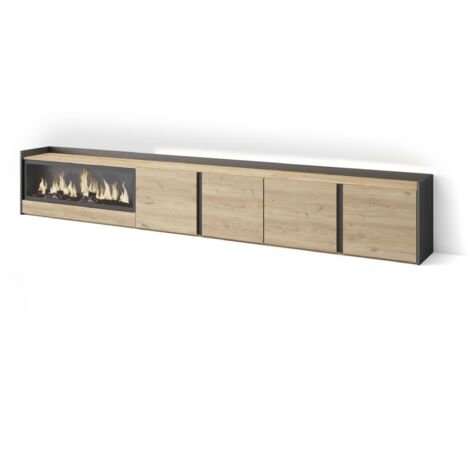 Skraut Home - Meuble TV, Banc Télé, Grand espace de Rangement, 315x35x50cm, Pour les TV jusqu'à 80", Cheminée électrique XXL, LED, Style moderne, Chêne et noir (1/5)