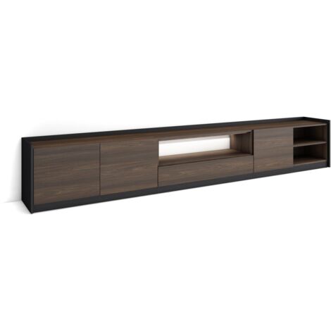 Skraut Home - Meuble TV, Banc Télé, Grand espace de Rangement, 310x37x50cm, Pour les TV jusqu'à 80", LED, Style moderne, Chêne foncé et Noir (1/5)