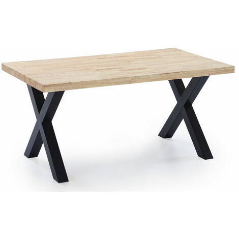 Table a manger fixe, salon, modele X-LOFT, plateau en bois massif de chene sauvage de 54 mm d'epaisseur, Pieds metalliques, mesure 160x90x76cm de hauteur. - MARRON