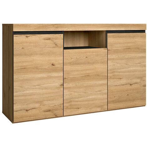 Skraut Home – Buffet nordique en mélamine 81x140x40cm – 3 portes – Rangement optimisé pour salon et salle à manger – Couleur chêne/noir