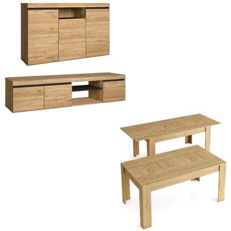 Skraut Home - Ensemble Naturale salon salle à manger, buffet-meule tv 160cm-table extensible chêne/noir