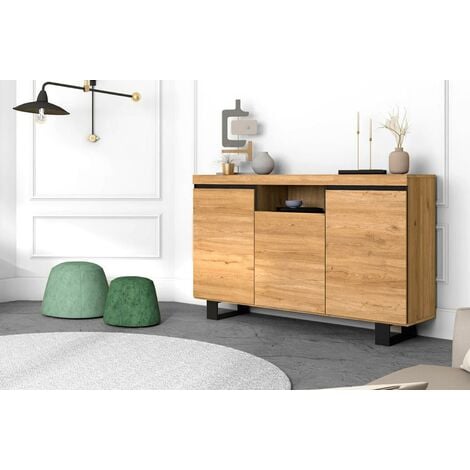 Skraut Home - Buffet salon Salle à manger bureau Couleur ''Chêne/Noir'' 3 Portes 1 Compartiment 140x40x92 cm, nordique