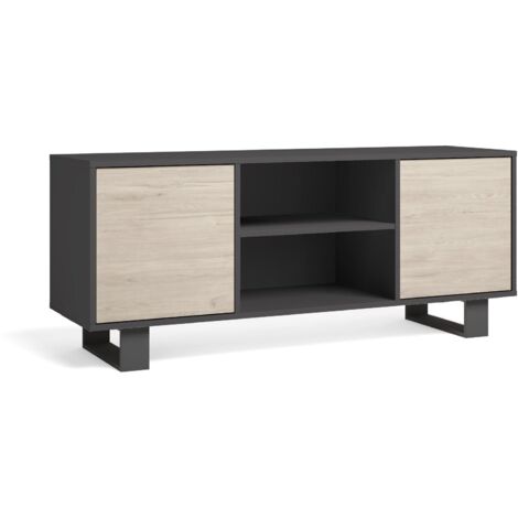 Skraut Home - Meuble TV 140 avec 2 portes, salon, Modèle WIND, couleur structure Gris Anthracite, couleur portes Chêne, mesures 137x40x57cm de hauteur. (1/4)