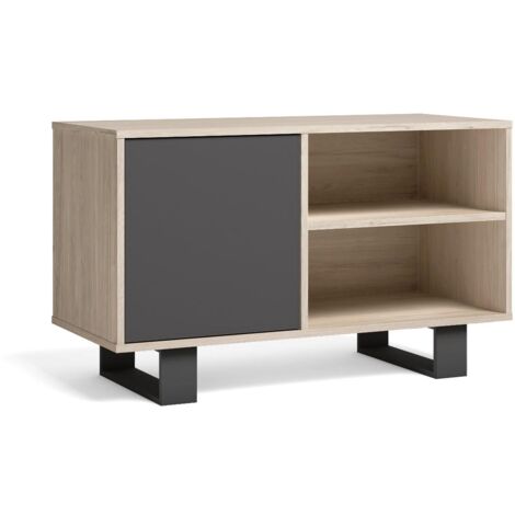 Skraut Home - Meuble TV 100 avec porte gauche, salon/salle à manger, Modèle WIND, couleur structure Chêne, couleur porte Gris Anthracite, 95x40x57cm. (1/4)