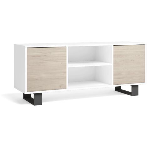Skraut Home - Meuble TV 140 avec 2 portes, salon, Modèle WIND, structure couleur Blanc, portes couleur Chêne, mesures 137x40x57cm hauteur. (1/4)