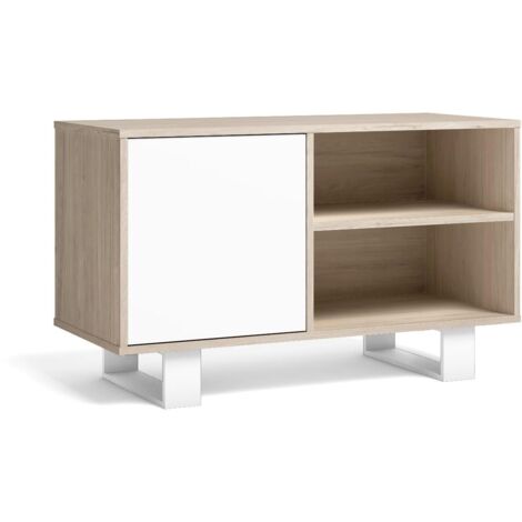 Skraut Home - Meuble TV 100 avec porte gauche, salon/salle à manger, Modèle WIND, couleur structure chêne, couleur porte blanche, mesures 95x40x57cm hauteur. (1/4)