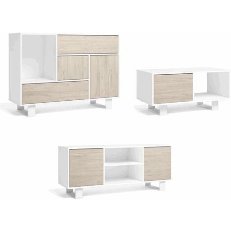 Meuble Salon Moderne Skraut Home - 250x194x42cm - Blanc/Noir Laqué - Éclairage LED Intégré - Modulaire