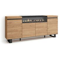 Skraut Home – Buffet de rangement 200x35x87cm – 4 portes – Cheminée électrique à LED – Design industriel chêne et noir